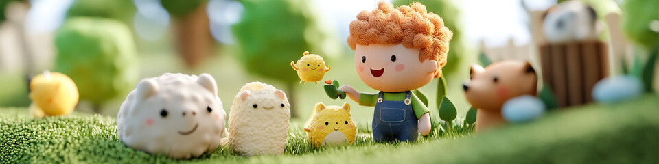 3D Rendered Boy and Stylized Animal Figurines in a Grassy Setting
