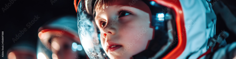 Poster child in astronaut helmet with blurred background figure