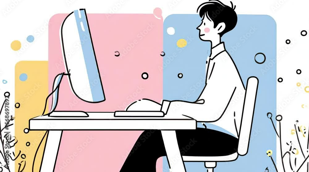 Poster man working at computer with decorative background animation
