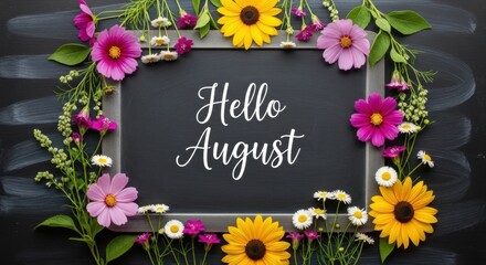 Hello August Floral Frame on Chalkboard Bright Sunflowers and Cosmos.