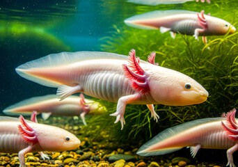 Obraz premium 32K Realistic Underwater Scene of a Group of Axolotls Swimming in Clear Water
