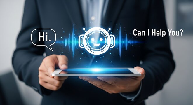 Friendly robot assistant offering help chatbot technology