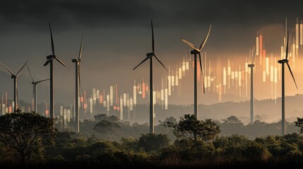 Wind turbines stand tall over a lush landscape at dusk, with glowing financial data overlays symbolizing green energy investments.