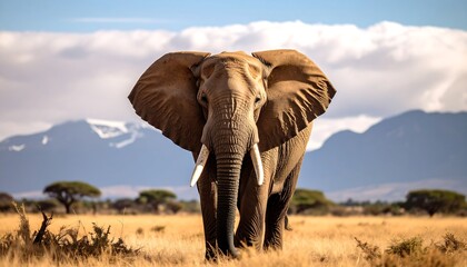Majestic African Elephant Walking Towards Camera in Kenyan Savanna with Mountain View.