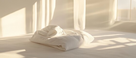 A serene and minimalist scene featuring a neatly folded white duvet on a pristine white bed, evoking a sense of calm and cleanliness.