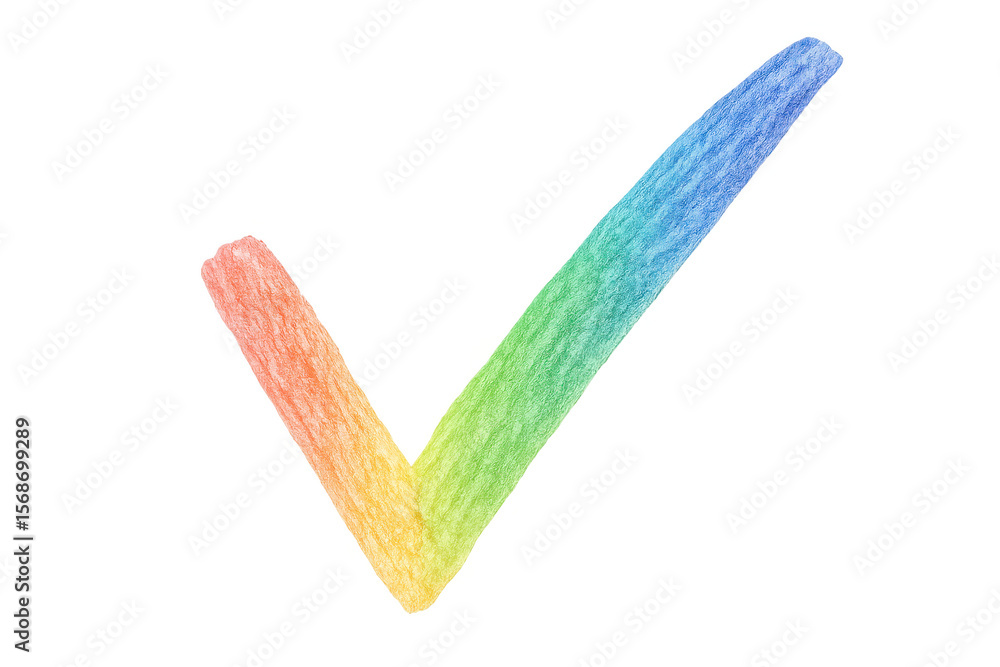 Poster rainbow gradient check mark signaling positive verification, drawn using colored pencils against tra