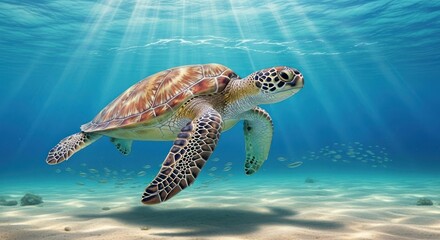Fototapeta premium Sea turtle swimming through clear blue ocean waters in sunlight