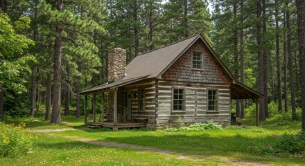 Rustic log cabin nestled in a pine forest