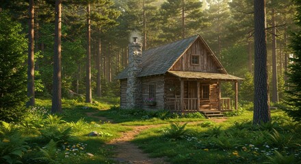 Wooden cabin nestled in a sunlit forest. Lush greenery surrounds a quaint log cabin, bathed in morning light. A pathway leads to the cabin's front porch