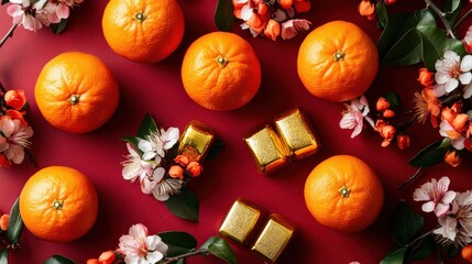 Oranges, flowers, gold on red