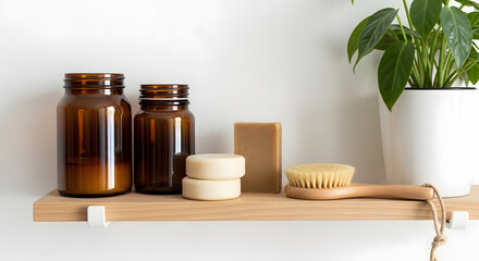 Minimalist shelf styled with amber jars, solid soap bar, bamboo brush, and a small plant. Clean, natural aesthetic with no branding. Editorial visual highlighting conscious beauty and green lifestyle.