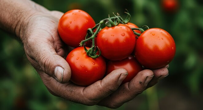Handful of ripe tomatoes held in a farmer's hand