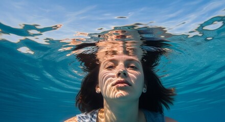 A woman is seen from underwater looking up at the surface of the water and the sky above her head
