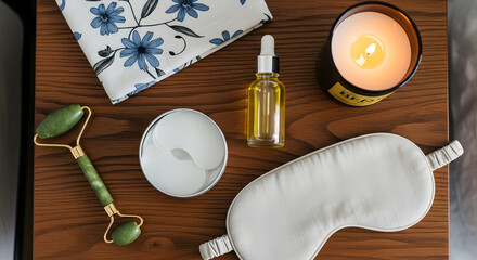 Flatlay of green skincare essentials for evening routine: jade roller, reusable eye patches in a tin, facial oil in glass bottle, linen sleep mask, and beeswax candle on a wooden nightstand. 