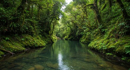 Lush green ravine, tranquil waterway