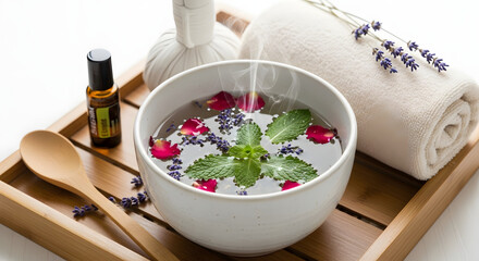 A steaming ceramic bowl filled with hot water and floating mint, lavender, and rose petals. A wooden tray beside it holds a towel, bamboo spoon, and essential oil roller bottle. 
