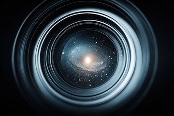 Futuristic Camera Lens with Galaxy Reflection, Cosmic Space Art, Astrophotography Concept, High-Tech Imagery and Visual Art