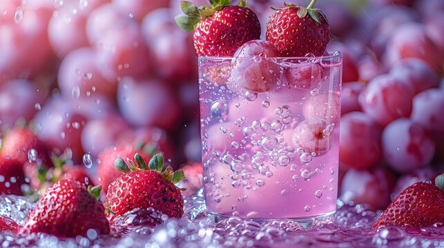 Pink drink with strawberries, grapes, ice. Bubbles float. Bokeh background