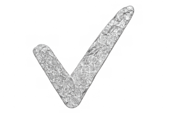 Check mark made of crumpled silver foil on transparent background, ideal for indicating approval or completion
