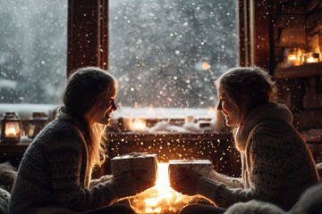 Heartwarming winter scene with two women exchanging gifts by a cozy fireplace, capturing the essence of holiday spirit and warmth in a snow-filled, festive setting
