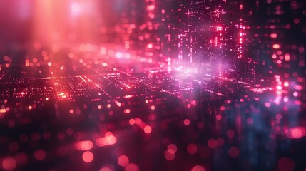 Pink/red digital grid with glowing bokeh & blurred focus evokes technological complexity