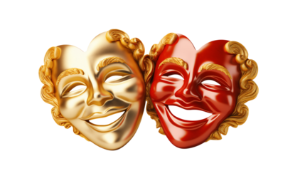Two smiling masks one gold and one red with gold trim on a transparent background close up and studio lighting