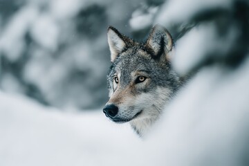 Obraz premium Majestic gray wolf in snowy wilderness, close-up portrait with intense gaze, showcasing the beauty, strength, and natural habitat of wolves in winter landscapes