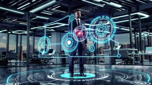 Workflow and flowchart. Business process automation BPA technology. Businessman touching check mark and gear icon on flowchart
