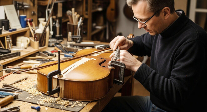 Experienced luthier meticulously crafting a wooden string instrument in a traditional workshop, focusing on precision and detail.
