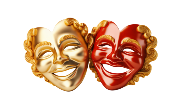 Two smiling masks one gold and one red with gold trim on a transparent background close up and studio lighting