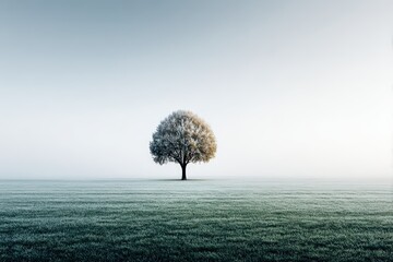 Serene lone tree in a tranquil misty field, serene minimalist nature scene emphasizing solitude and peace, perfect for calm and relaxation themes in nature photography