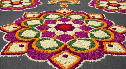 Overhead view of a complex floral arrangement on pavement with purple white orange and green petals