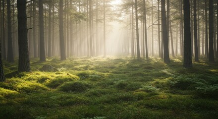 Misty forest path bathed in sunlight