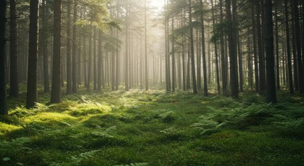 Fototapeta premium Sunlit path through a misty pine forest. Lush ferns carpet the forest floor