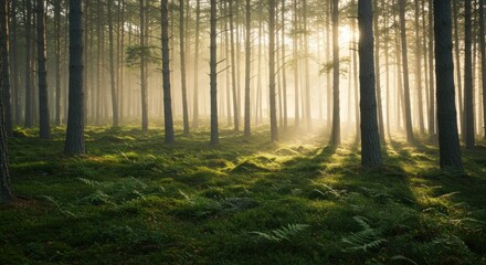 Fototapeta premium Sunbeams pierce a misty pine forest floor
