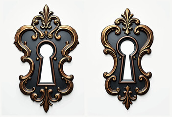 A pair of ornate vintage keyhole escutcheons with elegant bronze and black detailing, perfect for fantasy themes, antique hardware, or security concepts.
