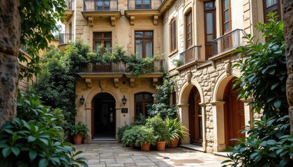 Fototapeta premium A courtyard garden with an archway entrance.