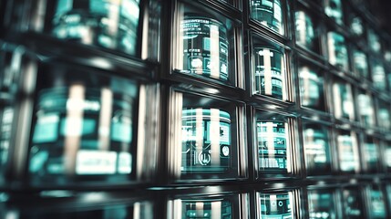 Futuristic display wall with glowing screens.