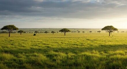 Obraz premium Vast savanna landscape, soft light. Tranquil scene of tall grass and trees