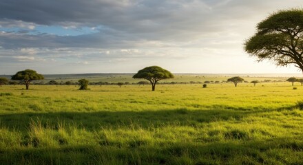 Obraz premium Vast grassy plain, scattered acacia trees, golden light