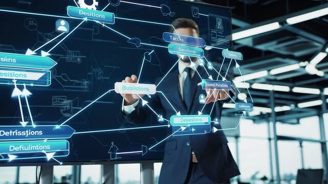 Workflow and flowchart. Business process automation BPA technology. Businessman touching check mark and gear icon on flowchart