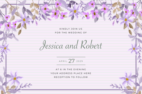 invitation card with purple floral watercolor frame - Powered by Adobe