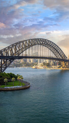 Australia, Sydney bridge and skyline panorama near financial business center.