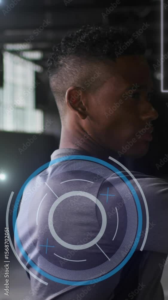 Poster animation of data processing over man stretching, exercising in gym