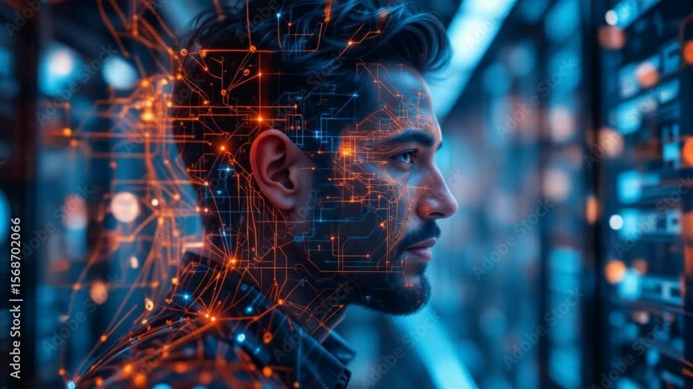 Aufkleber digital network communication of a man with circuit overlay. 4k video