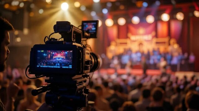 professional video camera with stream at concert, live broadcast of press conference streaming to the Internet. 4k video