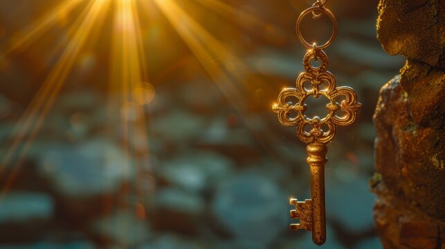 Ornate golden key hangs; radiant sunburst, textured rock wall, blurry background