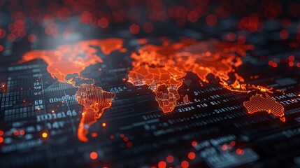 Red world map highlighted on dark digital screen. Global tech abstract, connection