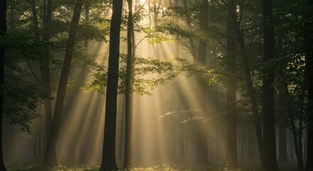 Fototapeta premium Sunlight streams through a misty forest