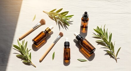 Overhead view of beauty products arranged on a wooden surface with natural sunlight highlighting details. Features bottles brushes and foliage creating a spa like scene.